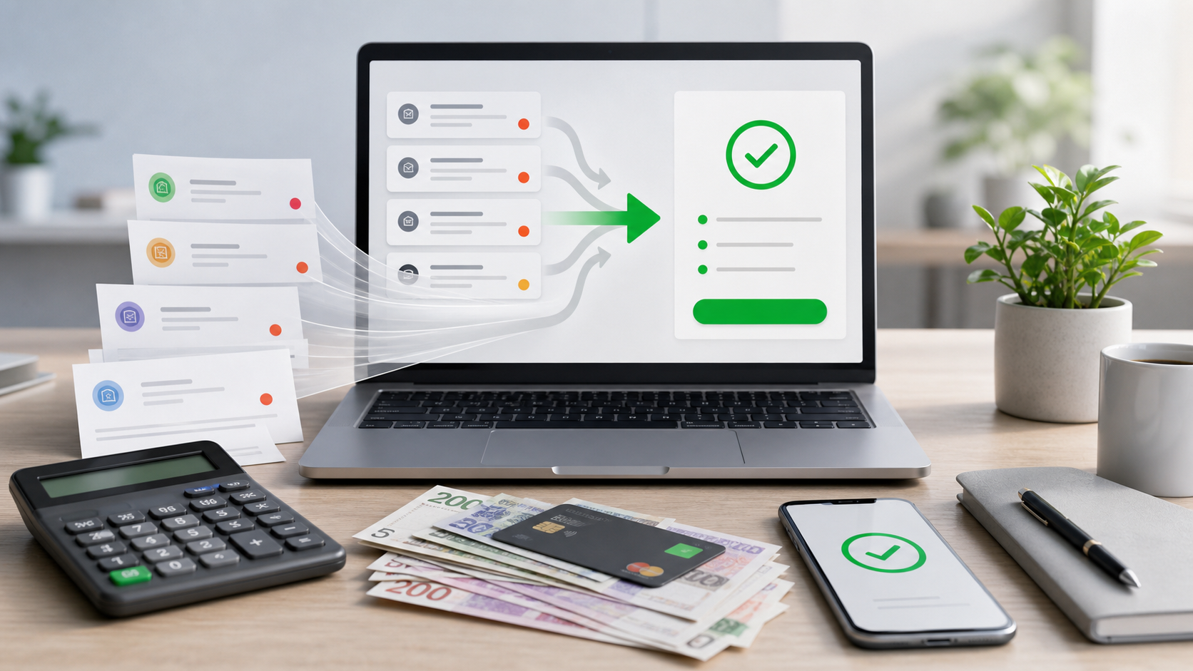 Notebook s online plánem pro konsolidaci půjček, kalkulačkou, kartou a českými bankovkami