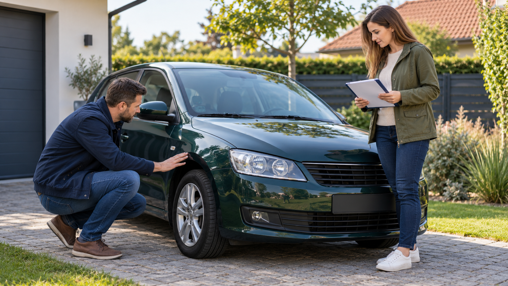 Dvojice kontroluje ojeté auto a podklady před nákupem od soukromníka