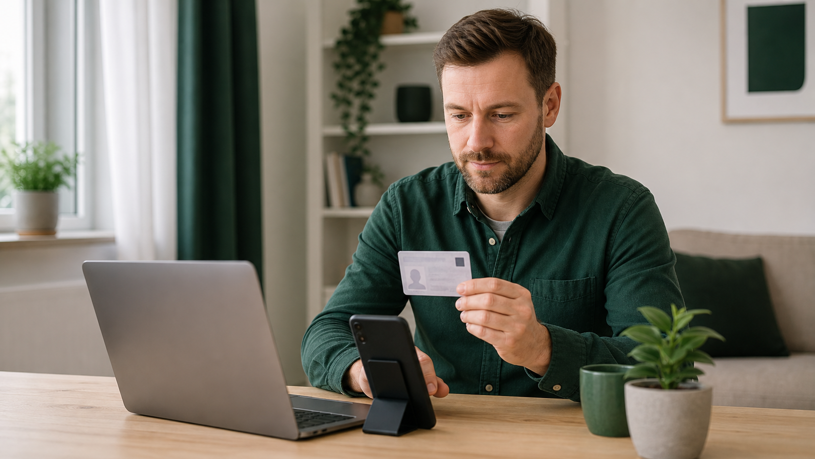 Muž bezpečně ověřuje totožnost občanským průkazem při online žádosti