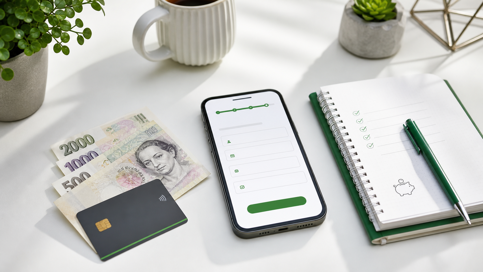 Telefon s online žádostí, české bankovky a checklist pro bezpečné posouzení půjčky na ruku