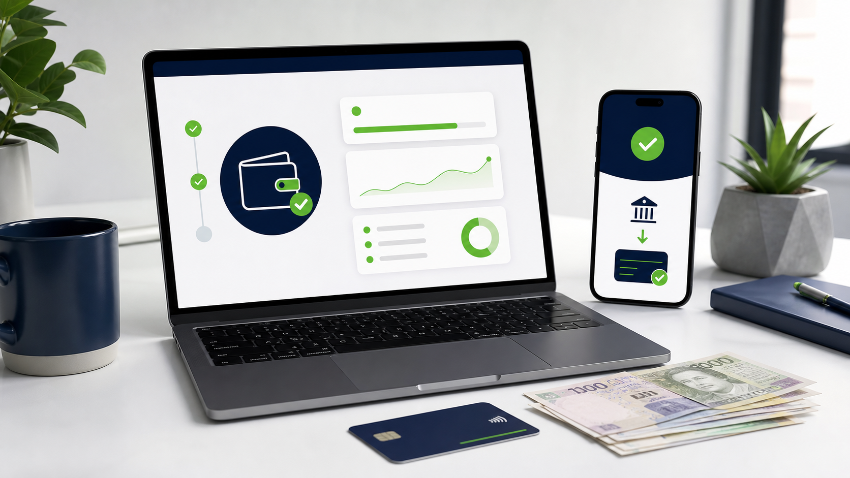 Notebook s online žádostí, mobil s potvrzením převodu na účet a české bankovky na stole