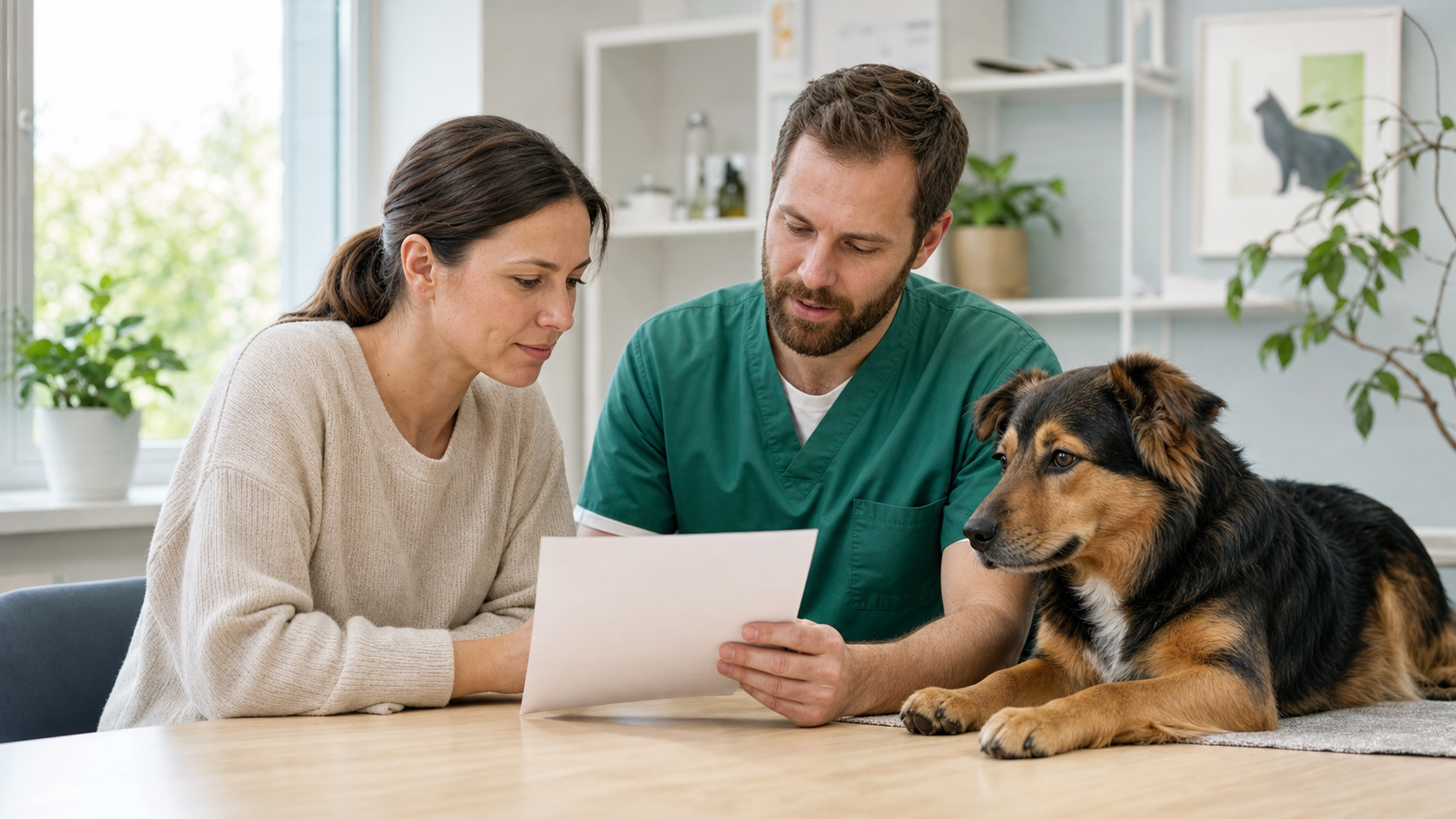 Majitelka psa s veterinářem prochází plán léčby a položkový odhad ceny