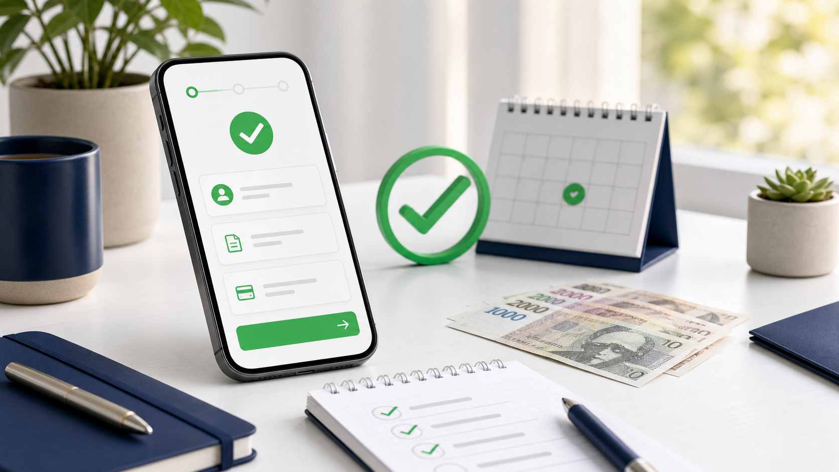 Telefon s online žádostí, rozpočtový checklist, kalendář a české bankovky pro finanční restart po insolvenci